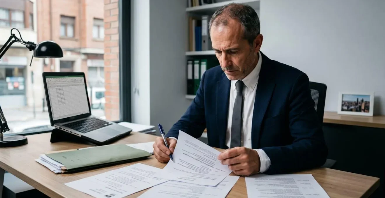 Consultor de reclutamiento revisando y analizando dossiers de candidatos en su oficina moderna, con CVs y documentos sobre el escritorio, en un ambiente profesional concentrado.