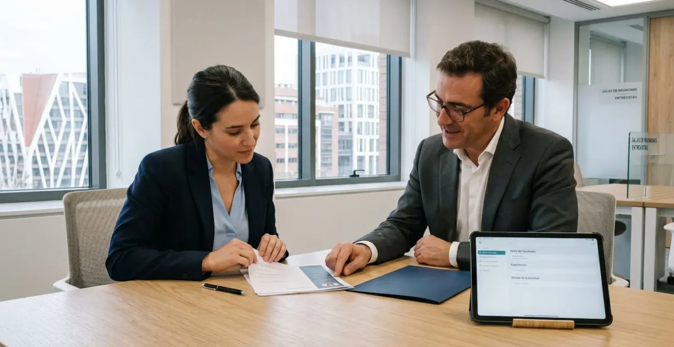 Entrevista de evaluación profesional entre un candidato y un consultor de reclutamiento en una oficina moderna de agencia de contratación en España, con CV y documentos sobre la mesa, en un ambiente luminoso y profesional.