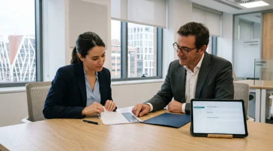 Entrevista de evaluación profesional entre un candidato y un consultor de reclutamiento en una oficina moderna de agencia de contratación en España, con CV y documentos sobre la mesa, en un ambiente luminoso y profesional.