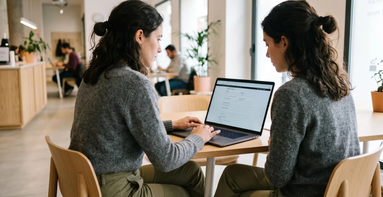 Persona completando un formulario de solicitud de registro en línea en una tableta, en un espacio de coworking luminoso, con campos visibles en español.